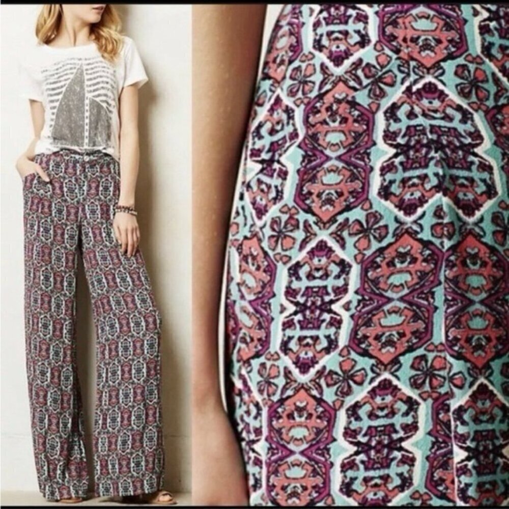 Anthropologie Elevenses Women's 4 Boho Printed Wide Leg Pants high rise flowy